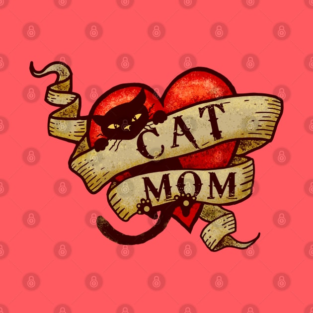 Cat Mom in Retro Heart Tattoo Style by Jitterfly