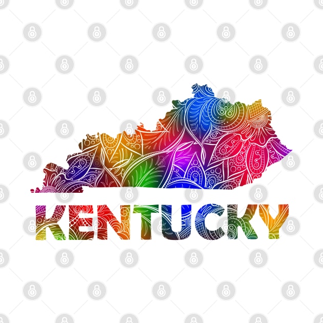 Colorful mandala art map of Kentucky with text in multicolor pattern by Happy Citizen