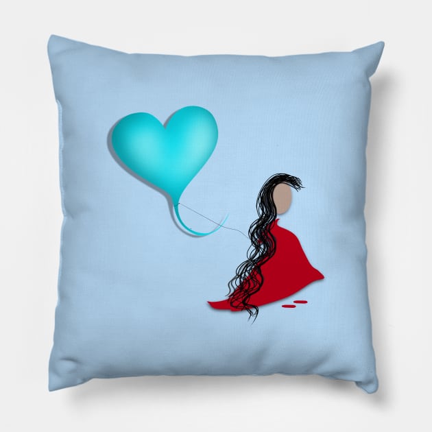 Girl in a red dress holding a blue balloon Pillow by FlippinTurtles