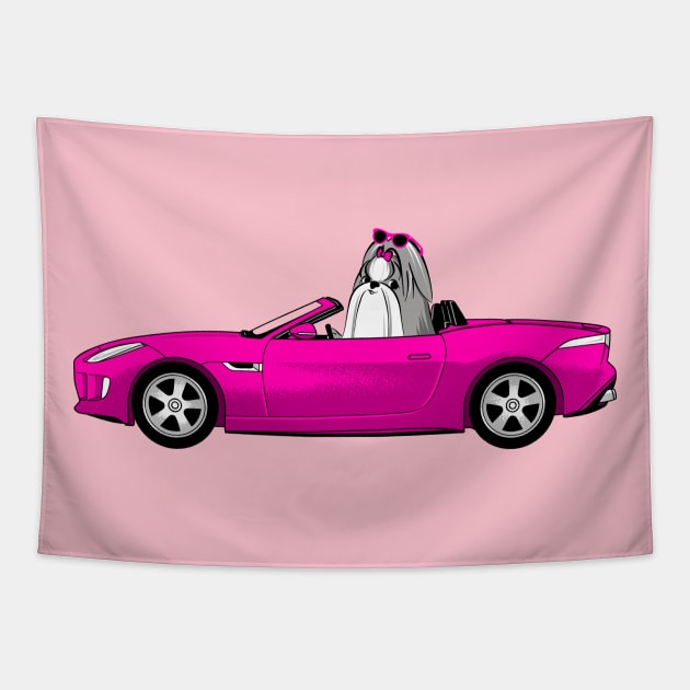 Dog and Car SHIHTZU Tapestry by flyingmouse365