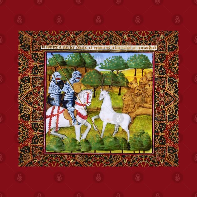 Lancelot and Mordred Crossing a White Stag Escorted by Lions,Arthurian Legends Medieval Miniature by BulganLumini