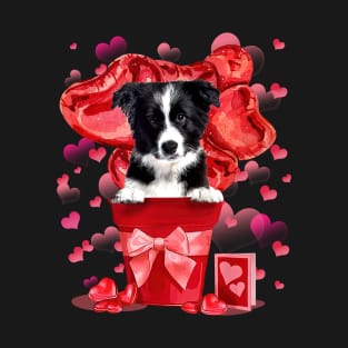 Border Collie Dog In Red Pot Happy Valentine's Day T-Shirt