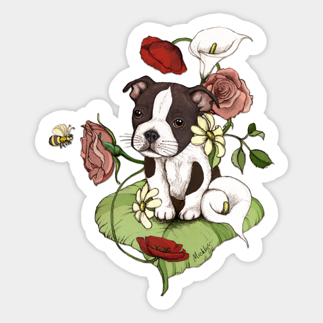 Boston Terrier Puppy Bouquet - Puppy - Sticker