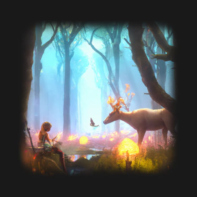 Girl in magical forest surrounded by animals by Perryfranken