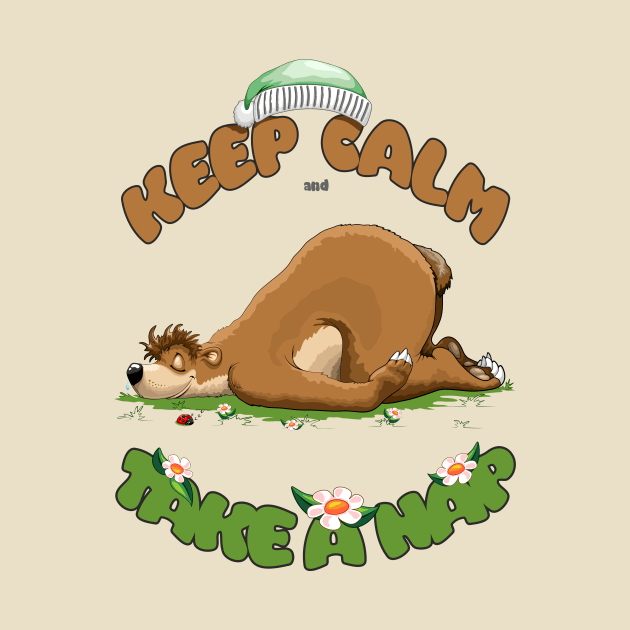 Keep Calm and Take a Nap, Sleeping Bear and tiny cute Ladybug by BluedarkArt