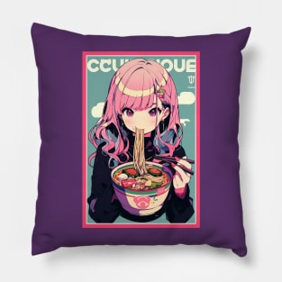 Cute Anime Girl |  Ramen Noodles | Hentaii Chibi Kawaii Design Pillow