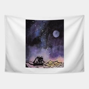 Sailship at rough Sea under a Galaxy Sky Tapestry