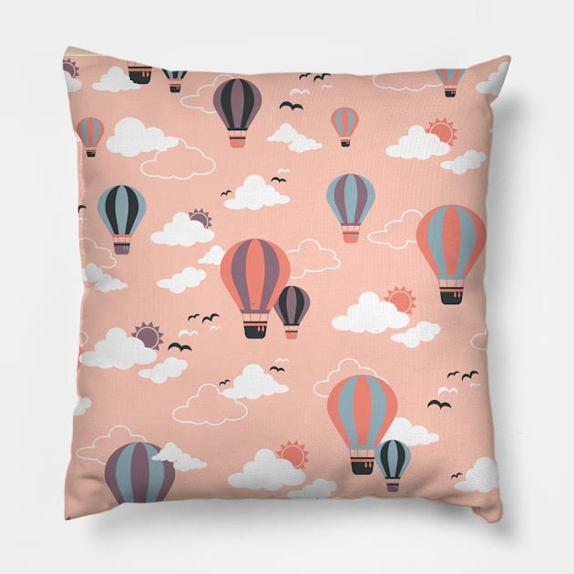 Sunset Hot Air Ballon Pattern Pillow by FlinArt