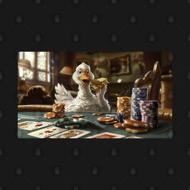 Crazy duck is playing poker and eating sandwich by Maverick Media