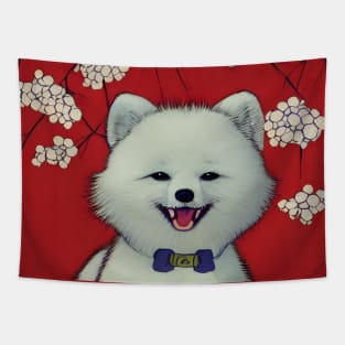 Cute White Pomeranian Husky Puppy Blossoms Happy Chinese New Year Dog Owner Tapestry