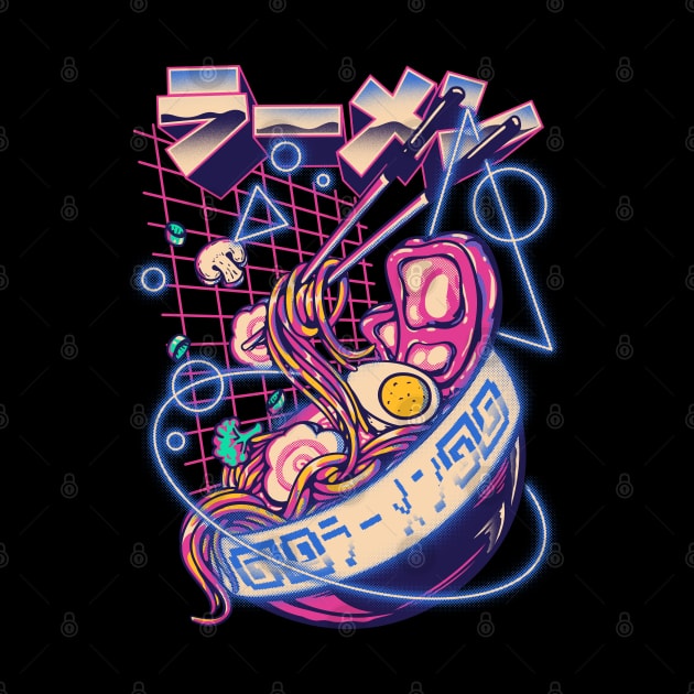 Retro Ramen - Retrowave Ramen With Geometric Neon elements, Cute Ramen Bowl - Kawaii ラーメン Cyberpunk Vaporwave synth 80s 90s digital gaming style by anycolordesigns