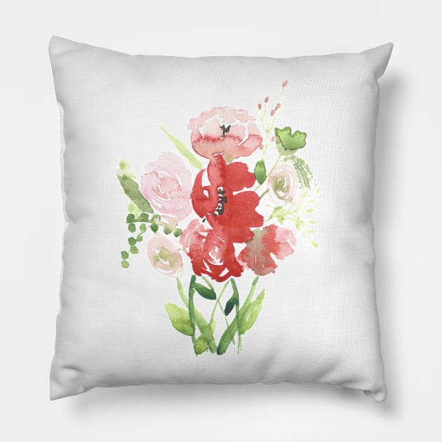 Poppies and Roses, floral watercolor painting Pillow by Sharon Rose Art