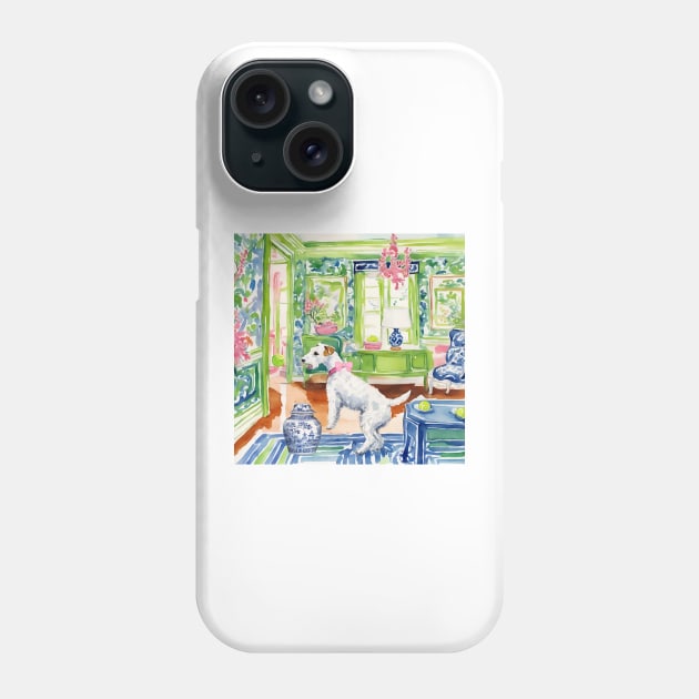 White terrier playing ball in chinoiserie interior Phone Case by SophieClimaArt