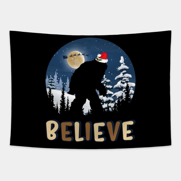 Funny Christmas Xmas Bigfoot Believe Sasquatch Tapestry by Happy Shirt