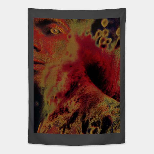 Portrait, digital collage, special processing. Men looking. Behind dark. Very grainy on close, but so beautiful. Red, green. Tapestry by 234TeeUser234