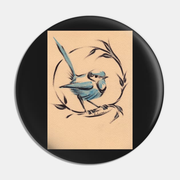 Little Blue Bird:   Sumi-e painting on vintage watercolor paper Pin by tranquilwaters