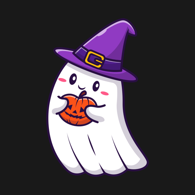 Cute Witch Ghost Holding Pumpkin Halloween Cartoon by Catalyst Labs