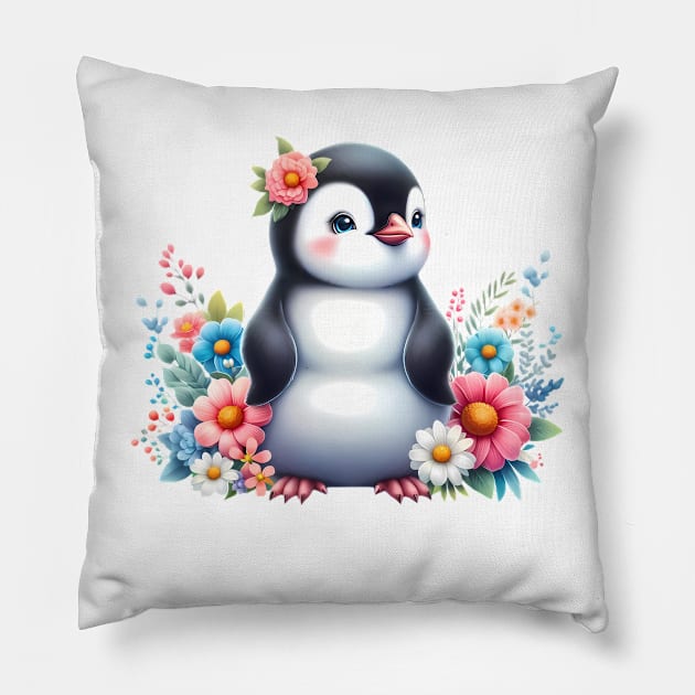 A penguin decorated with beautiful colorful flowers. Pillow by CreativeSparkzz