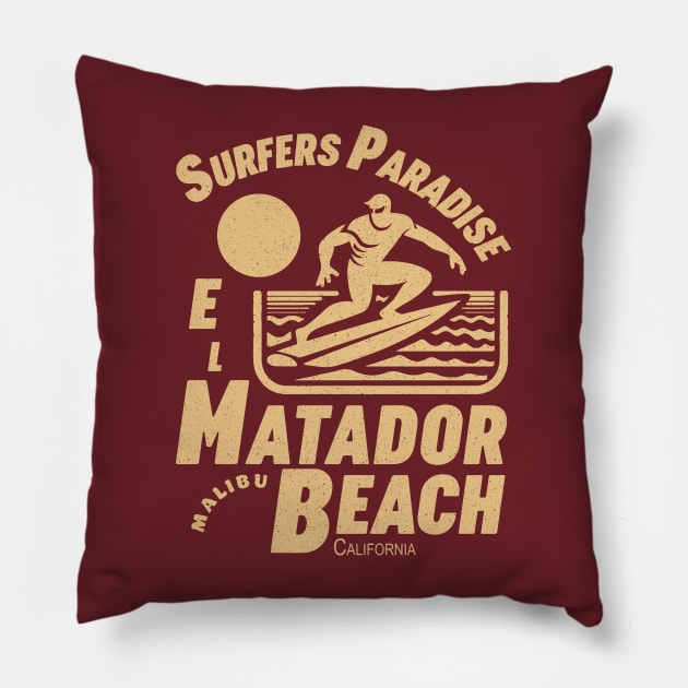 El Matador Beach Malibu Surfer Silhouette Vintage Pillow by Alexander Luminova