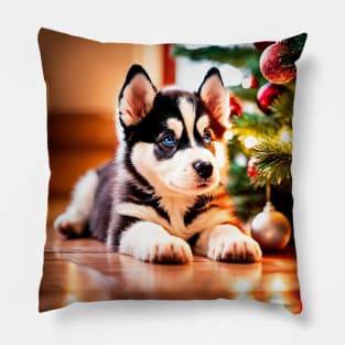 Husky Puppy Dog by Christmas Tree Pillow