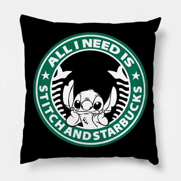 All I need is Stitch and Starbucks Pillow by ryandraws_stuff