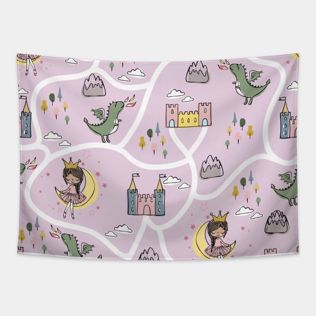 Childish seamless pattern with princess and dragon pink background Tapestry by Arch4Design