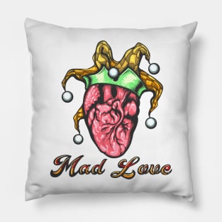 Tattoo of Human Heart with Jester Cap and Wording Mad Love Tattoo drawn in engraving style. Pillow