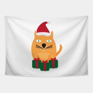 Cute Cartoon Cat with Santa Hat and Green Red Gifts Tapestry