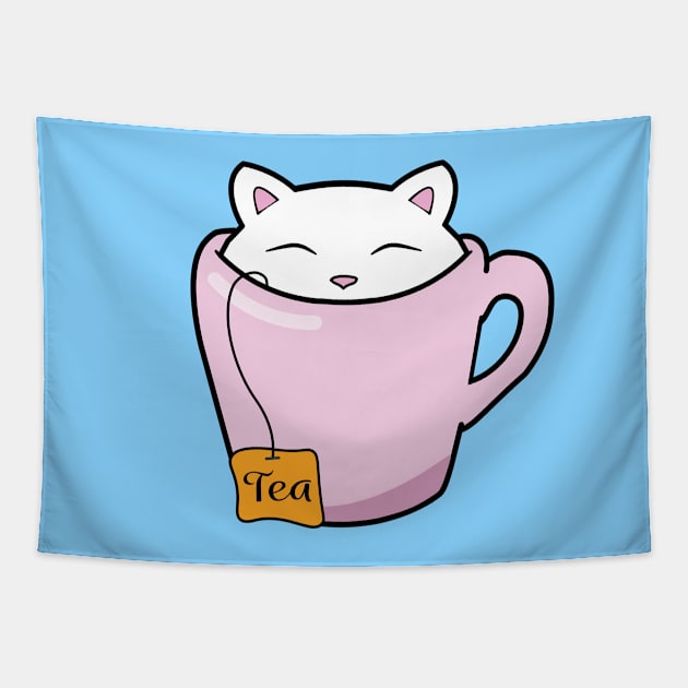 Cute cat in a pink cup of tea Tapestry by Purrfect