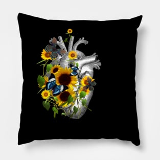 Sunflowers Heart Human Anatomy and blue butterflies Pillow