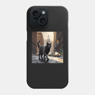 Black Cat walking down a street in the city Sticker Phone Case