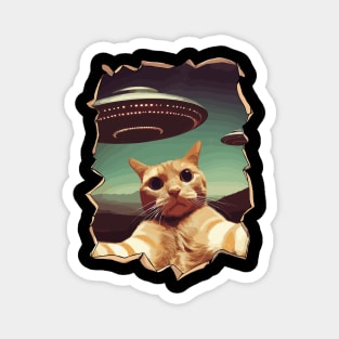 Cut Out Cat In Space Funny Cat Selfie With UFOs Behind Magnet