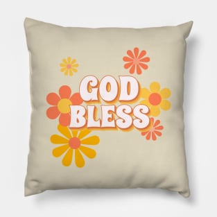 God Bless Retro Groovy Flower Design Pillow