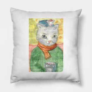 Cat and mouse watercolor Pillow