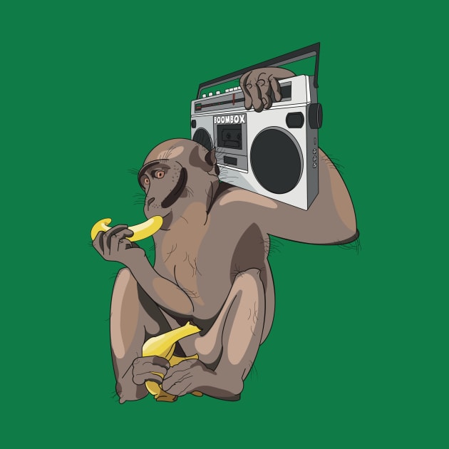 Funky monkey eating a banana listening to a boombox by Fruit Tee