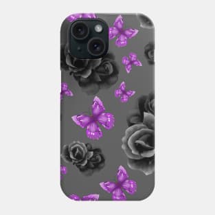 Black Roses and Purple Butterflies On A Gray Background Phone Case