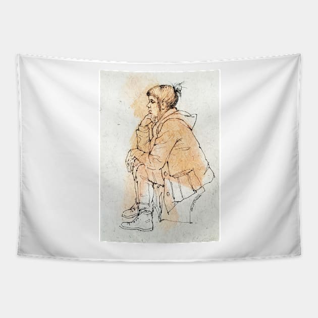 Girl in a duffel coat ~ink drawing Tapestry by rozmcq