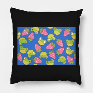 Frogs and Strawberries on Bright Dark Blue Pillow