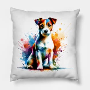 Russell Terrier in Colorful Abstract Splash Art Pillow