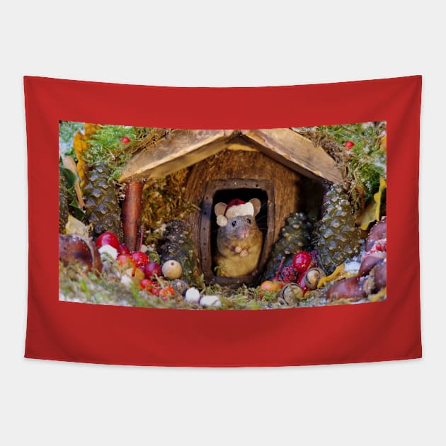 Christmas mouse in a log pile house Tapestry by Simon-dell