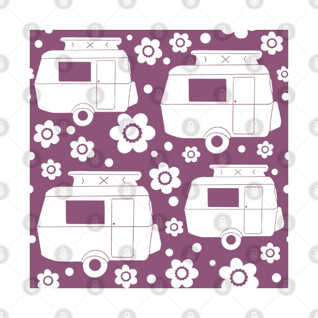 Daisy Polka Dot Vintage Caravan Pattern in Purple and White by NattyDesigns