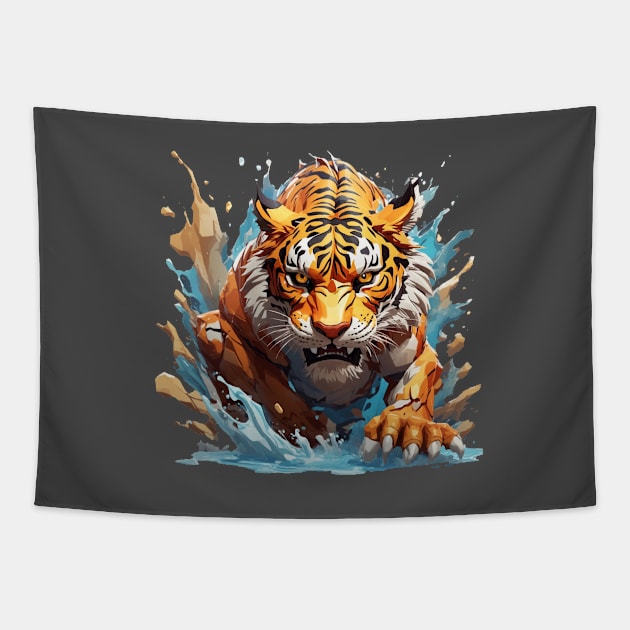 Angry Tiger: A Moment of Fearless Pursuit Tapestry by jemr