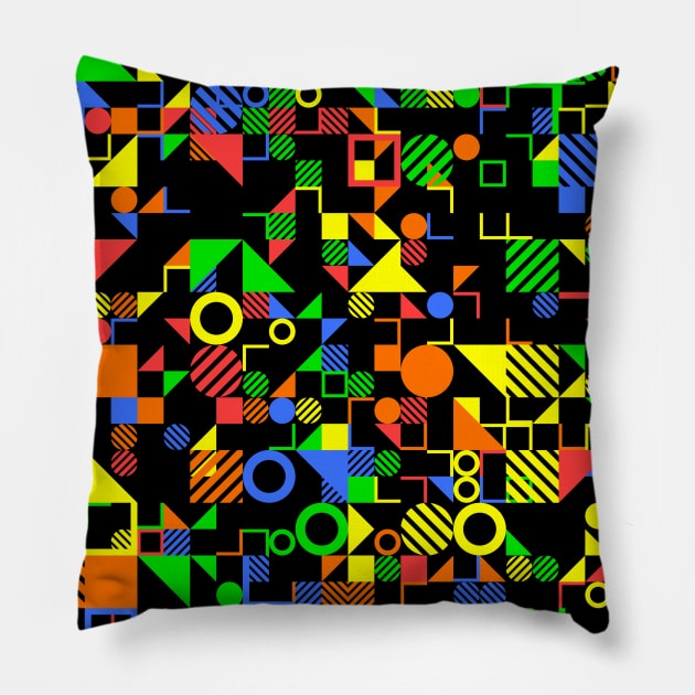 Primary Color Neo Geo Shapes in Black Green Yellow Blue Red Pillow by SeaChangeDesign