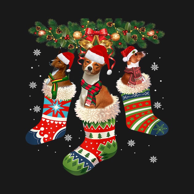 Three Basenji In Sock Christmas Santa Hat X Mas Dog Lover by Barnard