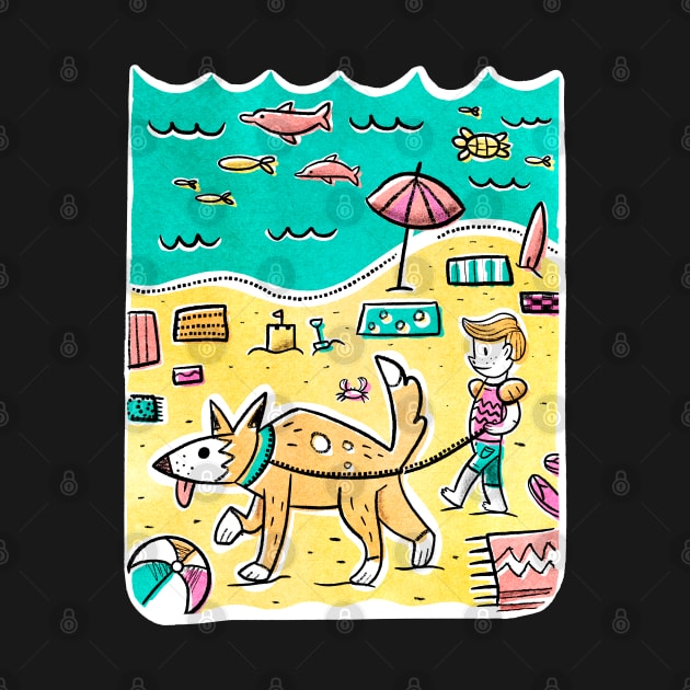 Mid-century Boy Walking his Big Dog on the Beach by narwhalwall