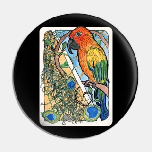 Sun Conure with Feathers and Sunflower Seeds Watercolor Print Pin