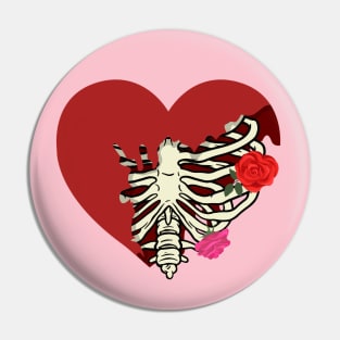 Rib Cage Heart With Roses Pin