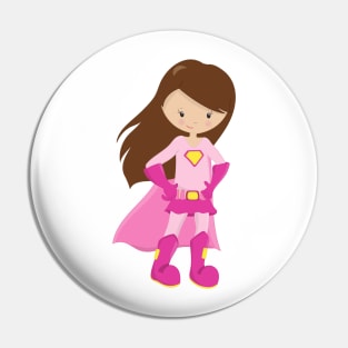 Superhero Girl, Brown Hair, Cute Girl, Pink Cape Pin