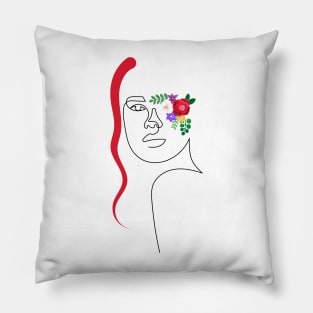 Flowers Lady with Red Hair | One Line Drawing | One Line Art | Minimal | Minimalist Pillow