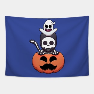 Halloween Pumpkin With Skeleton Cat And Ghost Tapestry